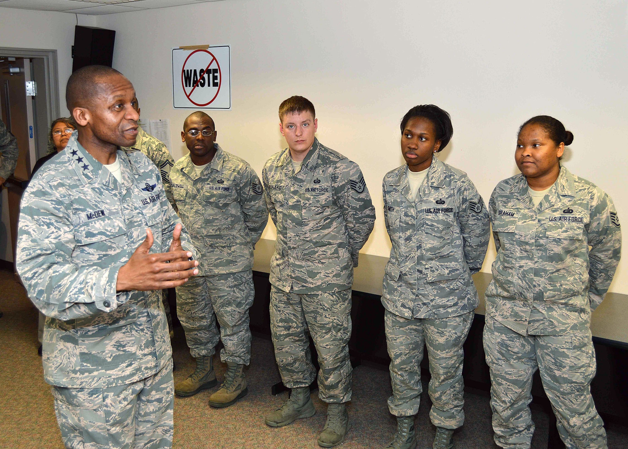 Lt. Gen. Darren McDew, 18th Air Force commander, meets with Airmen assigned to the 43rd Force Support Squadron during his tour of 43rd Airlift Group units Feb 28.  General McDew visited Pope Army Airfield, N.C. to see first-hand how 43rd Airlift Group Airmen support the Global Response Force mission.
