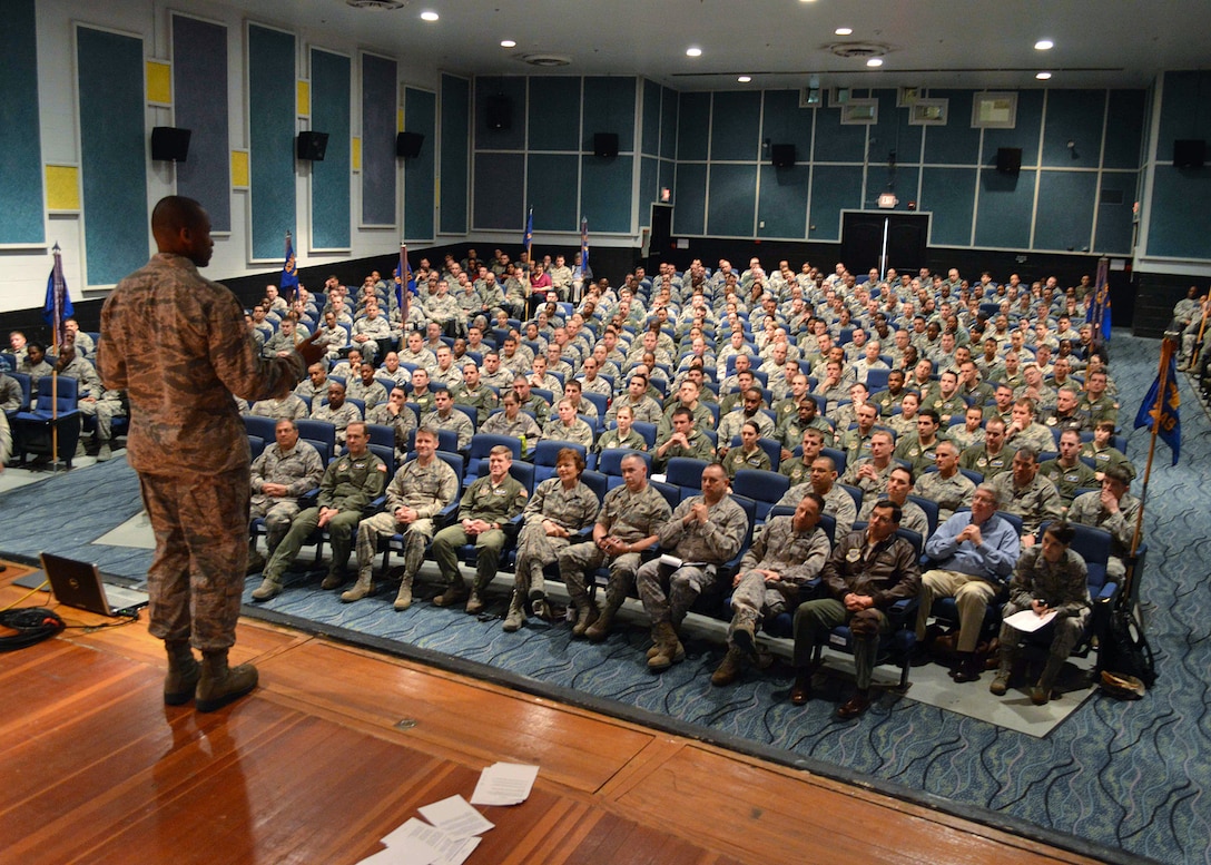 Lt. Gen. Darren McDew, 18th Air Force commander, says "thank you" to the men and women of Pope Army Airfield for their service to the Nation during a Pope Army Airfield "all call" on Feb 28.  General McDew visited Pope Army
Airfield, N.C. to see first-hand how 43d Airlift Group Airmen support the Global Response Force mission.
