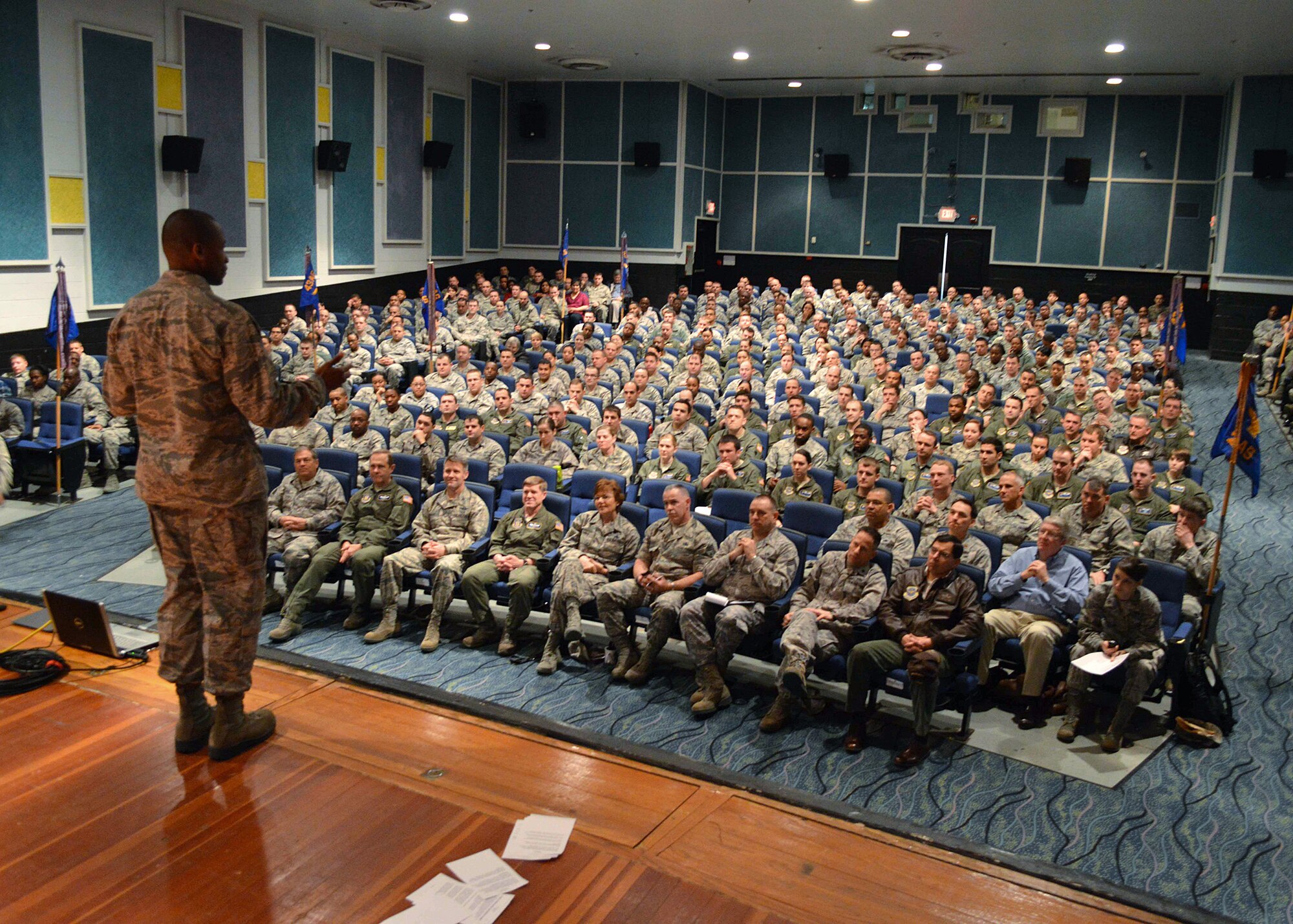 Lt. Gen. Darren McDew, 18th Air Force commander, says "thank you" to the men and women of Pope Army Airfield for their service to the Nation during a Pope Army Airfield "all call" on Feb 28.  General McDew visited Pope Army
Airfield, N.C. to see first-hand how 43d Airlift Group Airmen support the Global Response Force mission.

