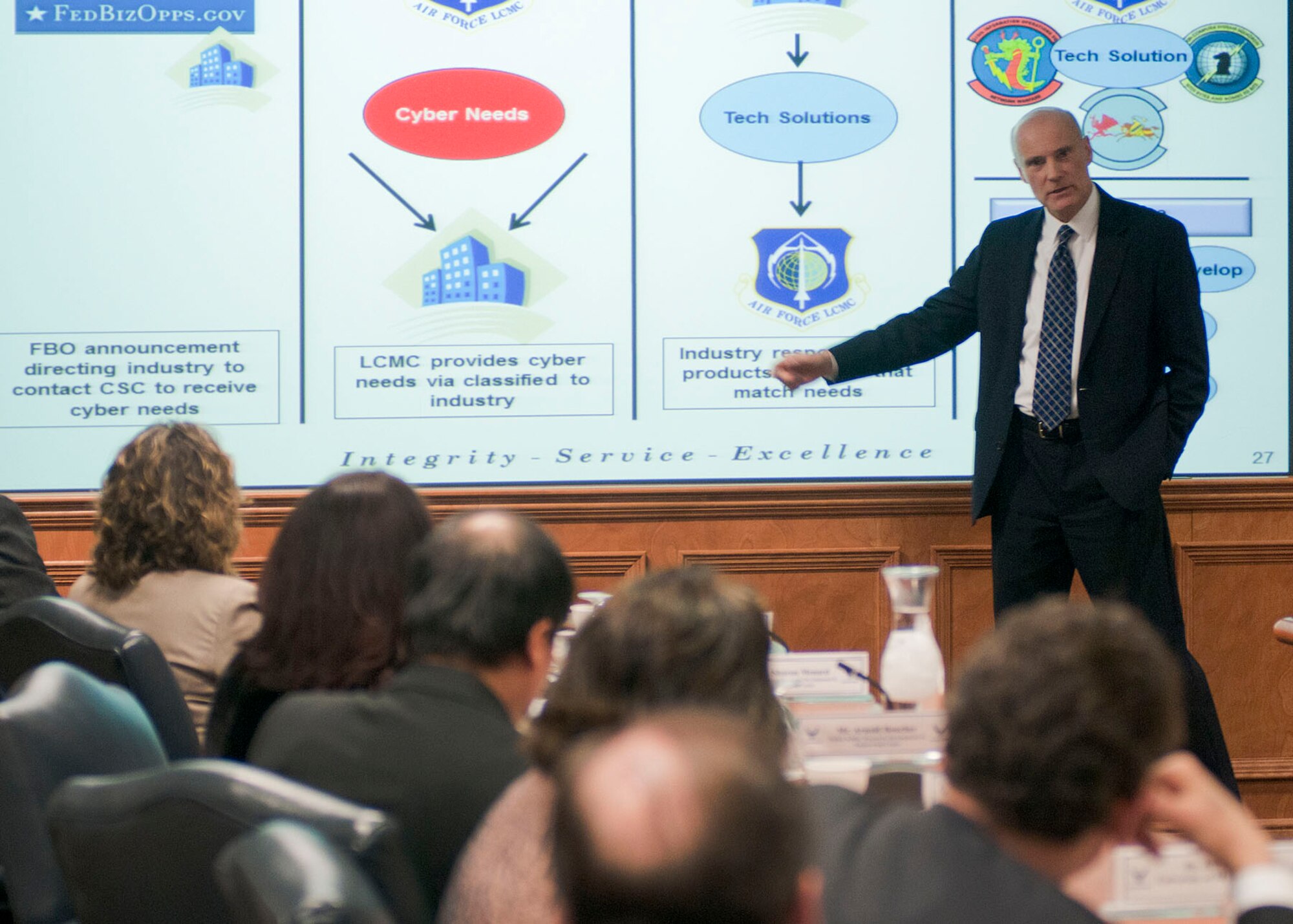 HANSCOM AIR FORCE BASE, Mass. -- Tom Powis, program management senior functional for the C3I&N Directorate, briefs members of the Hanscom Innovation and Collaboration Board here Feb. 28. The board is composed of leaders from Hanscom, the Mass. National Guard, other federal agencies, state agencies, academia, federally funded research and development centers and business and technology consortia. Current board priorities include Hanscom mission enhancement, workforce development and improving base operations.  (U.S. Air Force photo by Mark Wyatt)