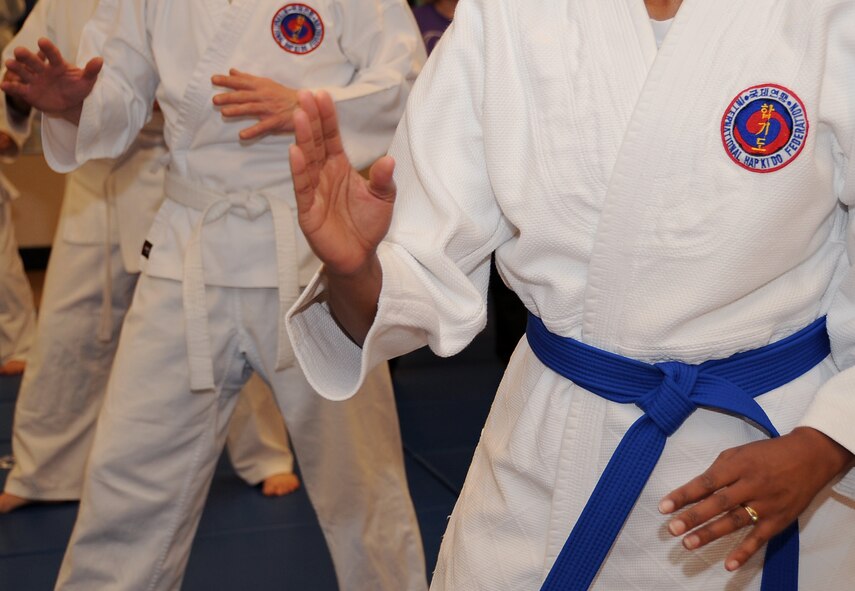 Students prepare to perform a move during a Hapkido class at the Fitness Center on Barksdale Air Force Base, La., March 1. The Hapkido class, a soft form of Korean martial arts, is taught by Lt. Col. John Lofton, Air Force Global Strike Command, three times a week with more than 15 students attending, including adults, both active duty members and spouses, as well as children. (U.S. Air Force photo/Staff Sgt. Amber Ashcraft)