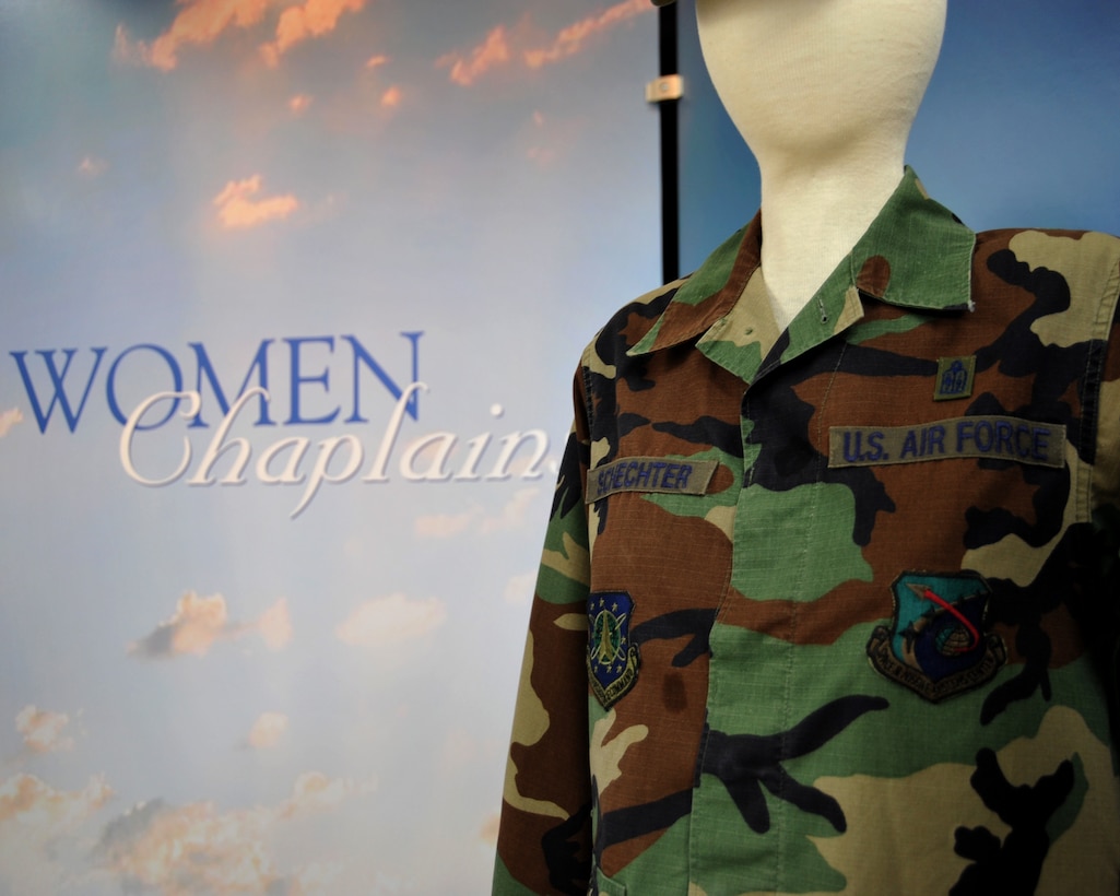 A maternity battle dress uniform, donated by Chaplain (Capt.) Sarah Schechter, is displayed at the Women In Military Service For America Memorial in Arlington, Va., March 4, 2013. The uniform is part of the new exhibit celebrating 40 Years of women chaplains titled,  "A Courageous Journey of Faith and Service." Schechter is the first and only female rabbi in the Air Force. (U.S. Air Force photo/Airman 1st Class Alexander W. Riedel)