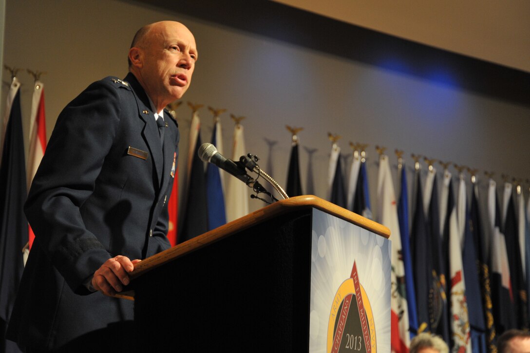 Air Force Chief of Chaplains Maj. Gen. Howard D. Stendahl thanks his predecessor retired Chaplain (Maj. Gen.) Lorraine K. Potter for her help and mentorship, at the Women in Military Service for America Memorial at Arlington, Va.,  March 4, 2013. Potter was the Air Force's first female chaplain and former chief of chaplains, who spearheaded the creation of a new exhibit commemorating 40 years of women in the chaplaincy. (U.S. Air Force photo/Airman 1st Class Alexander W. Riedel)