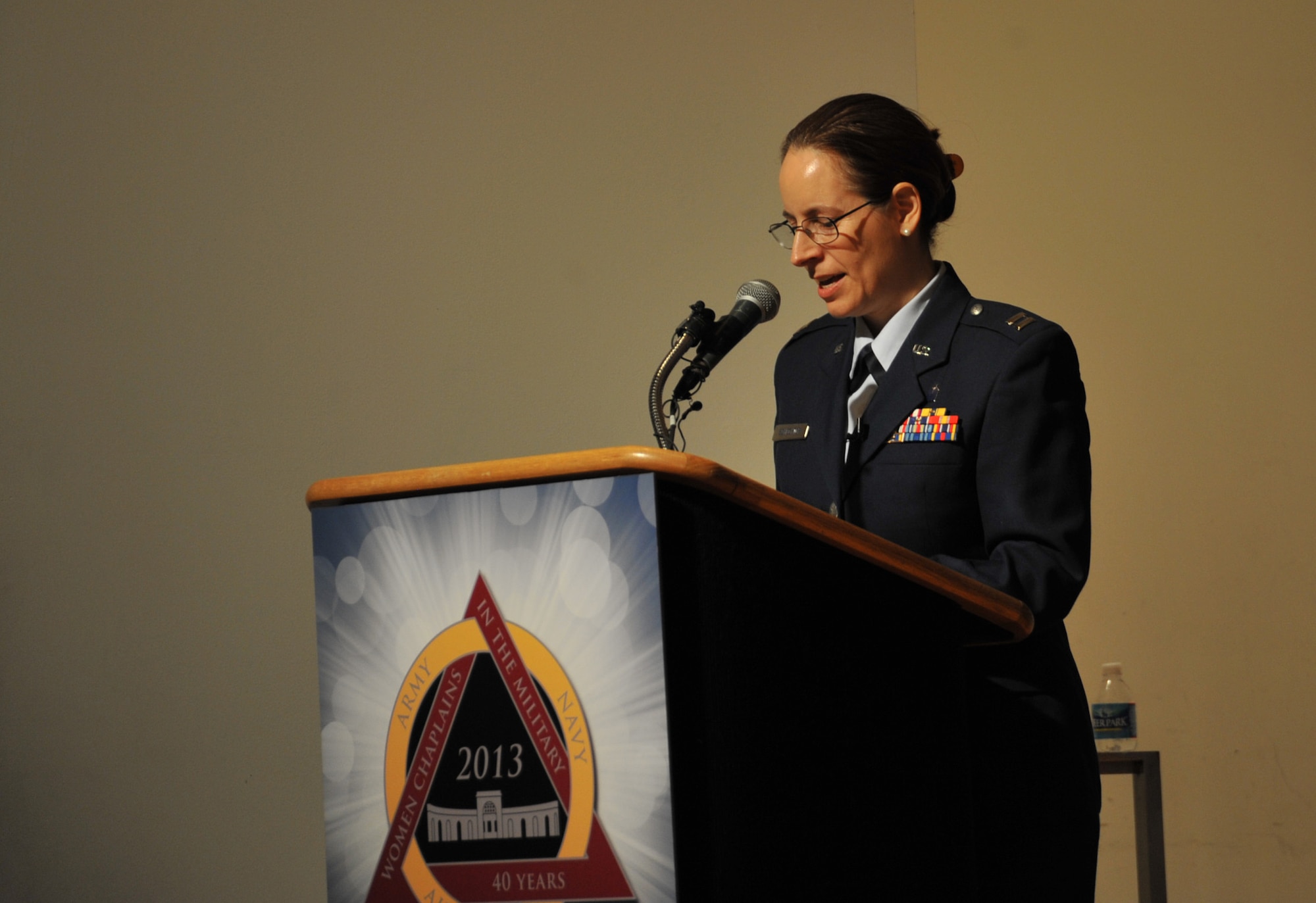 Chaplain (Capt.) Sarah Schechter of the 11th Wing at Joint Base Andrews performs master of ceremonies duty for the  new exhibit featuring women chaplains at the Women in Military Service for America Memorial at Arlington, Va., March 4, 2013.  Schechter is the Air Force’s first and only woman rabbi. (U.S. Air Force photo/Airman 1st Class Alexander W. Riedel)