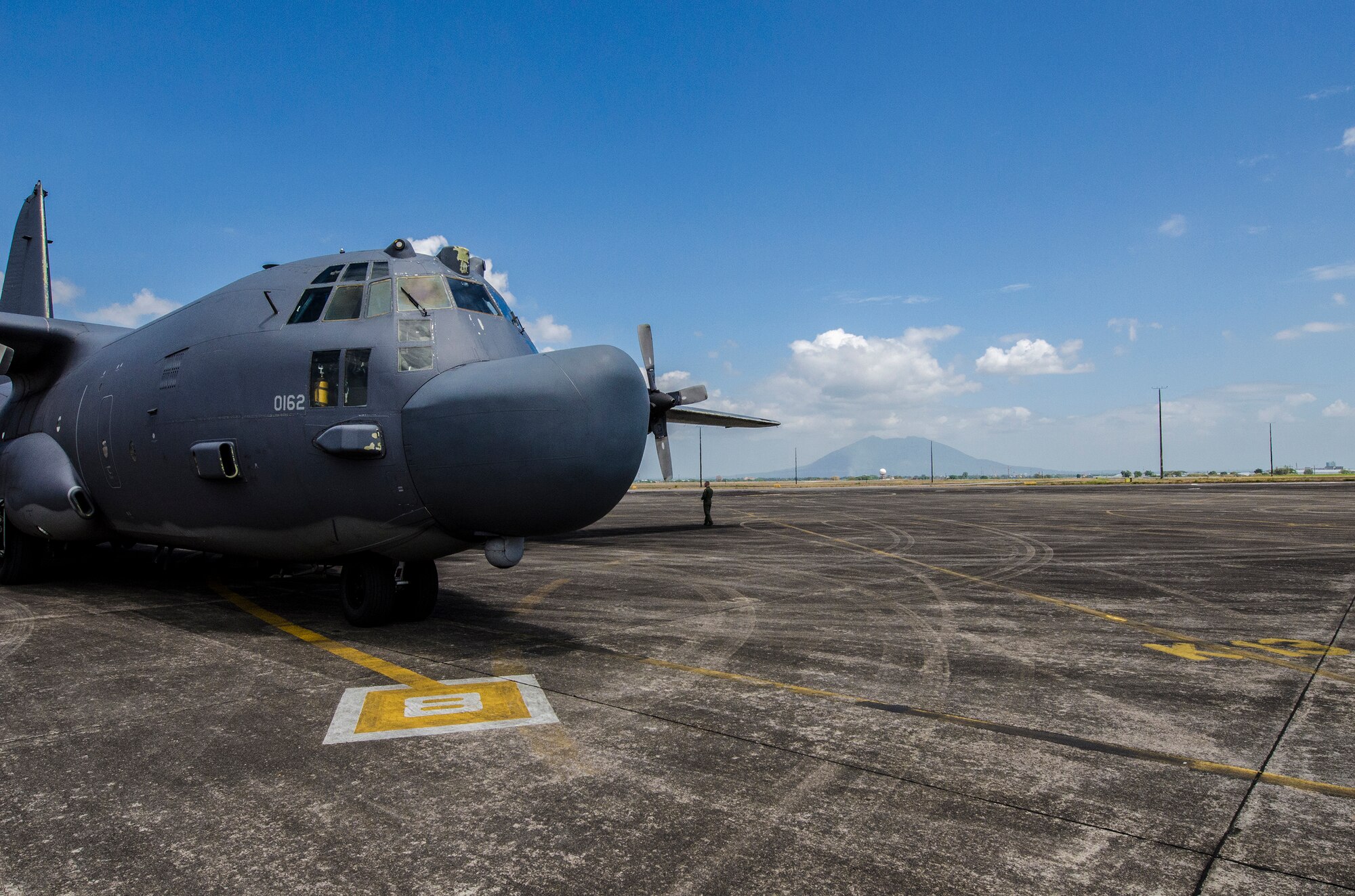 A U.S. Air Force MC-130H Combat Talon II special operations aircraft sits on the flightline in preparation for the Stray 59 Memorial Ceremony Feb 26, 2013. Stray 59 was a 1st Special Operations Squadron U.S. Air Force MC-130E Combat Talon I special operations aircraft that went down in 1981 over Subic Bay, Philippines, during a training mission (U. S. Air Force photo/Airman 1st Class Tyler Prince)