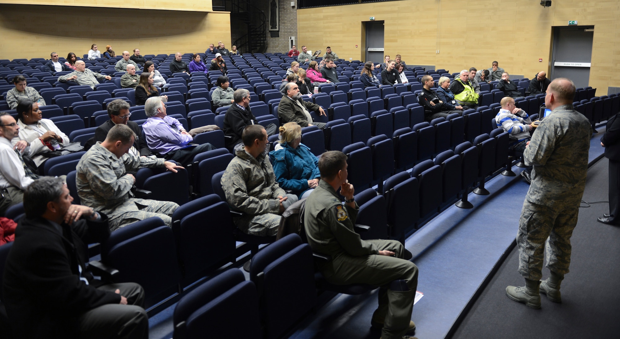 ROYAL AIR FORCE LAKENHEATH, England - Col. Scott Benza, 48th Mission Support Group commander, addresses town hall participants Feb. 28, 2013. The meeting included topics such as returning Lords Walk housing back to the local community, current neighborhood watch and security initiatives and upcoming events.  (U.S. Air Force photo by Staff Sgt. Stephen Linch)