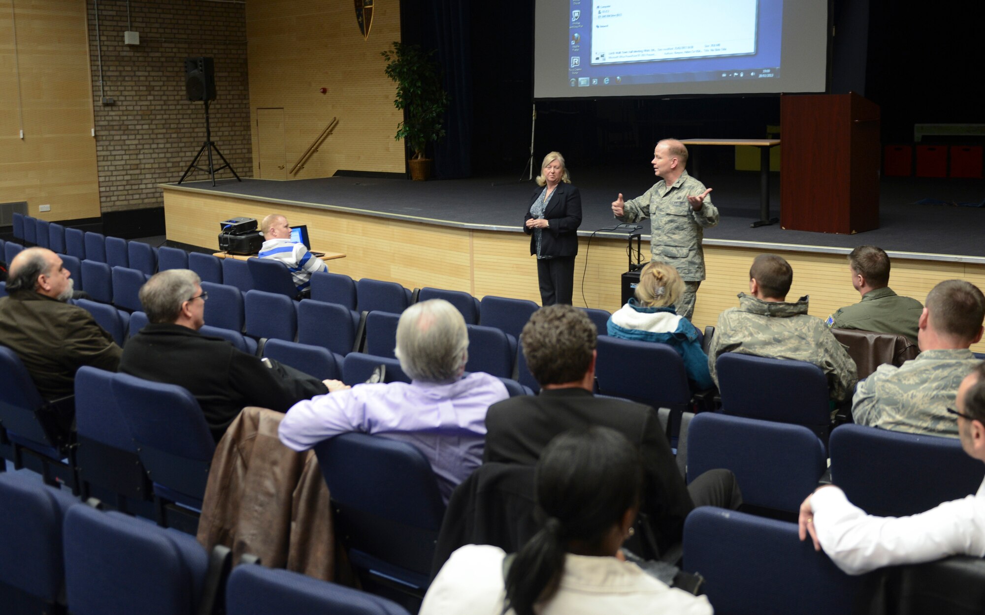 ROYAL AIR FORCE LAKENHEATH, England - Col. Scott Benza, 48th Mission Support Group commander, addresses town hall participants Feb. 28, 2013. The meeting included topics such as returning Lords Walk housing back to the local community, current neighborhood watch and security initiatives and upcoming events.  (U.S. Air Force photo by Staff Sgt. Stephen Linch)

