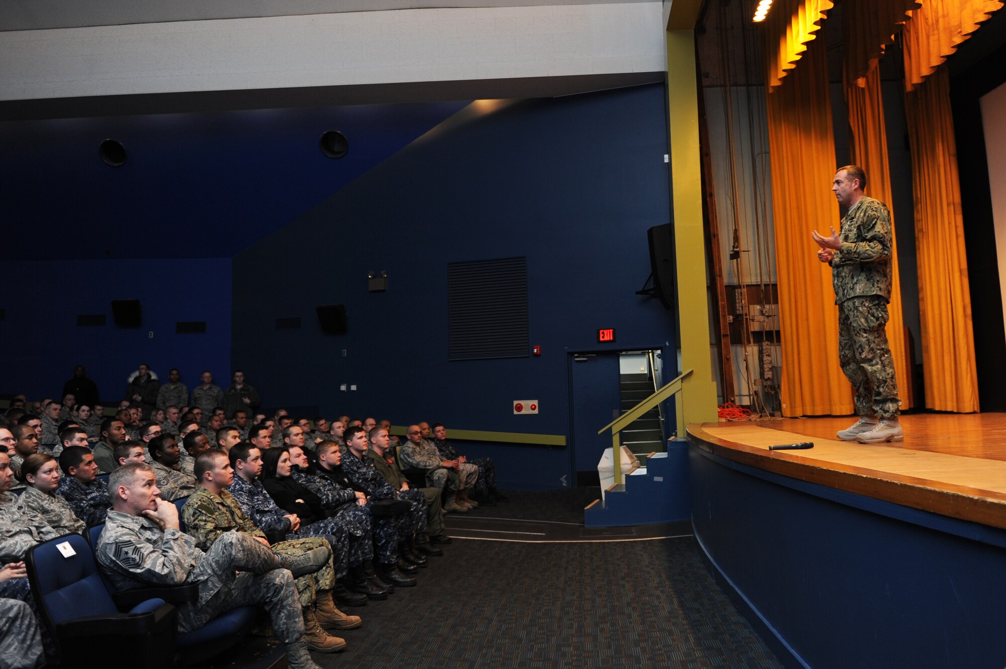 U.S. Navy Command Master Chief Mark Rudes, U.S. Pacific Command senior enlisted leader, held a question and answer session with service members during an enlisted call at Misawa Air Base, Japan, March 5, 2013. During the enlisted call, he thanked service members, talked about sequestration and rebalancing the force to the Asia-Pacific region. (U.S. Air Force photo by Airman 1st Class Kia Atkins)