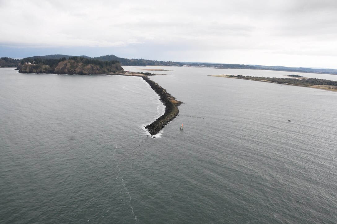 Aerial photo of the jetties at the Mouth of the Columbia River.