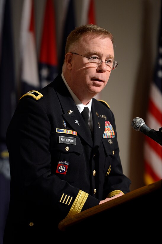 Army Major Gen. Donald L. Rutherford speaks at a dedication ceremony for the new women chaplains exhibit at the Women in Military Service for America Memorial at Arlington, Va., March 4, 2013. Rutherford is the Army chief of chaplains.