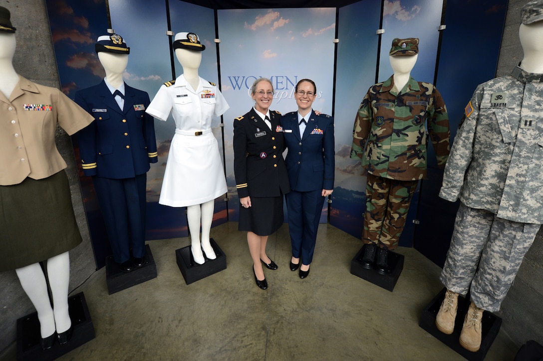 Air Force Chaplain Capt. Sarah Schechter, right, and Army Reserve Chaplain Col. Bonnie Koppell stand for a photo in a new exhibit featuring women chaplains at the Women in Military Service for America Memorial at Arlington, Va., March 4, 2013. Schechter is the Air Force's first woman rabbi and Koppell is the first woman rabbi to serve in the U.S. military. 