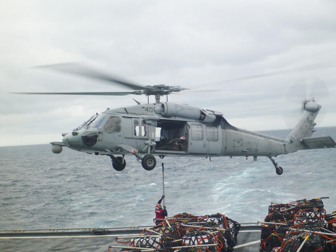 A naval aircraft assists a detachment of Marines from 2nd Supply Battalion, 2nd Marine Logistics Group to replenish the 26th Marine Expeditionary Unit. The detachment of four Marines aboard the USNS Robert E. Peary utilized a new supply system through the Navy from Feb. 7 to 17, 2013. 