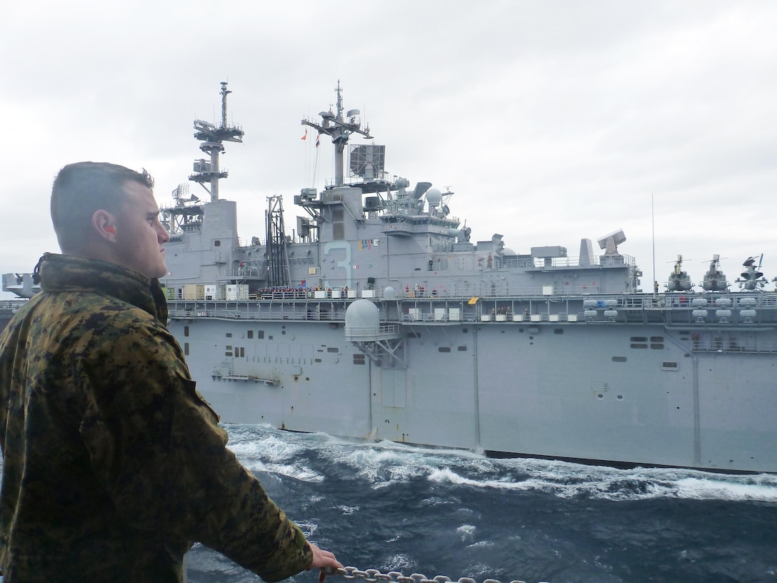 Cpl. Josten Mobley, a Hildebran, N.C., native and the detachment ‘s customer service clerk, enjoyed the sea breeze on his deployment to replenish the 26th Marine Expeditionary Unit with a detachment of Marines with 2nd Supply Battalion, 2nd Marine Logistics Group.  The four Marines aboard the USNS Robert E. Peary utilized a new supply system through the Navy from Feb. 7 to 17, 2013. 