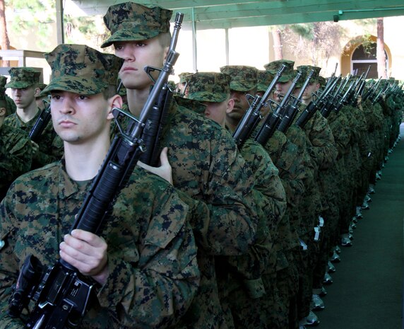 Recruits of Company I, 3rd Recruit Training Battalion, stand at "port arms" after being issued their rifles aboard Marine Corps Recruit Depot San Diego Feb. 11. Issuing of rifle is done a day prior to the start of Training Day 1.