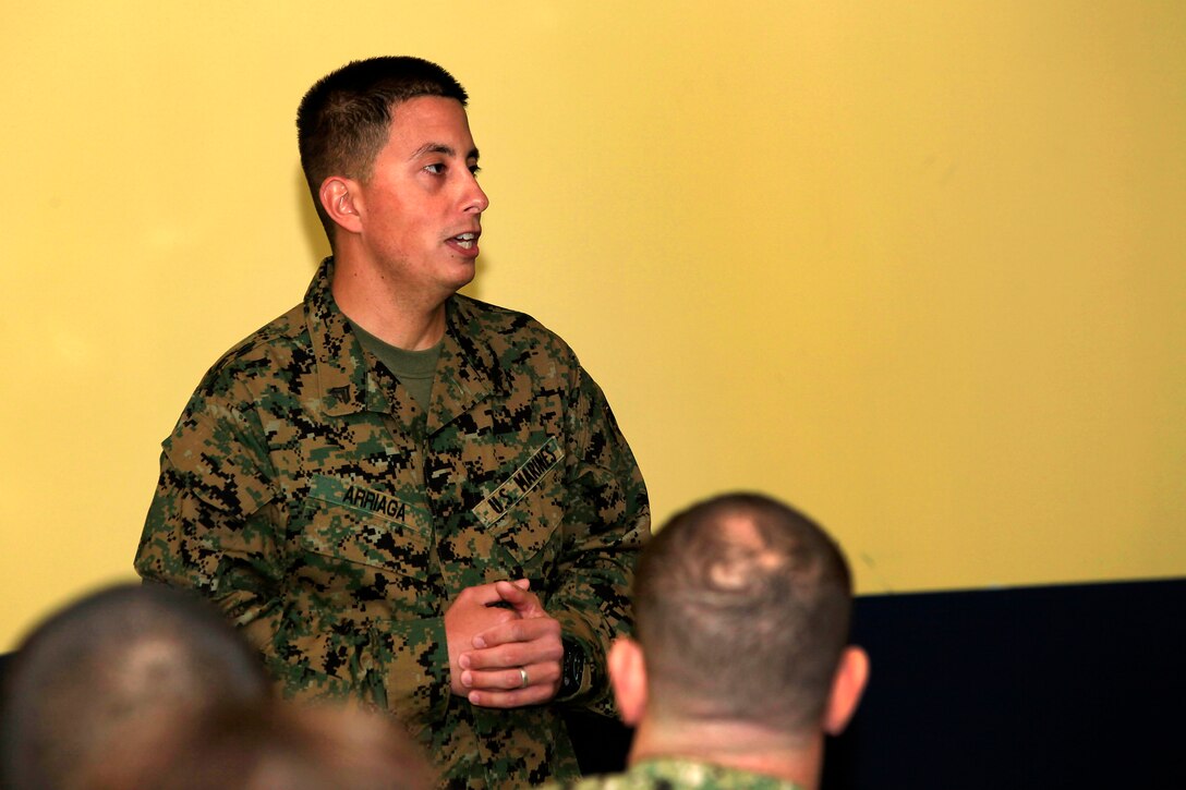 Cpl. Anthony A. Arriaga shares his deployment experiences during a pre-deployment brief at the Naval Expeditionary Medical Training Institute, Jan. 24. 

Arriaga became the first Marine to ever be meritoriously promoted in Wounded Warrior Battalion West when he was promoted to sergeant Feb. 2.
