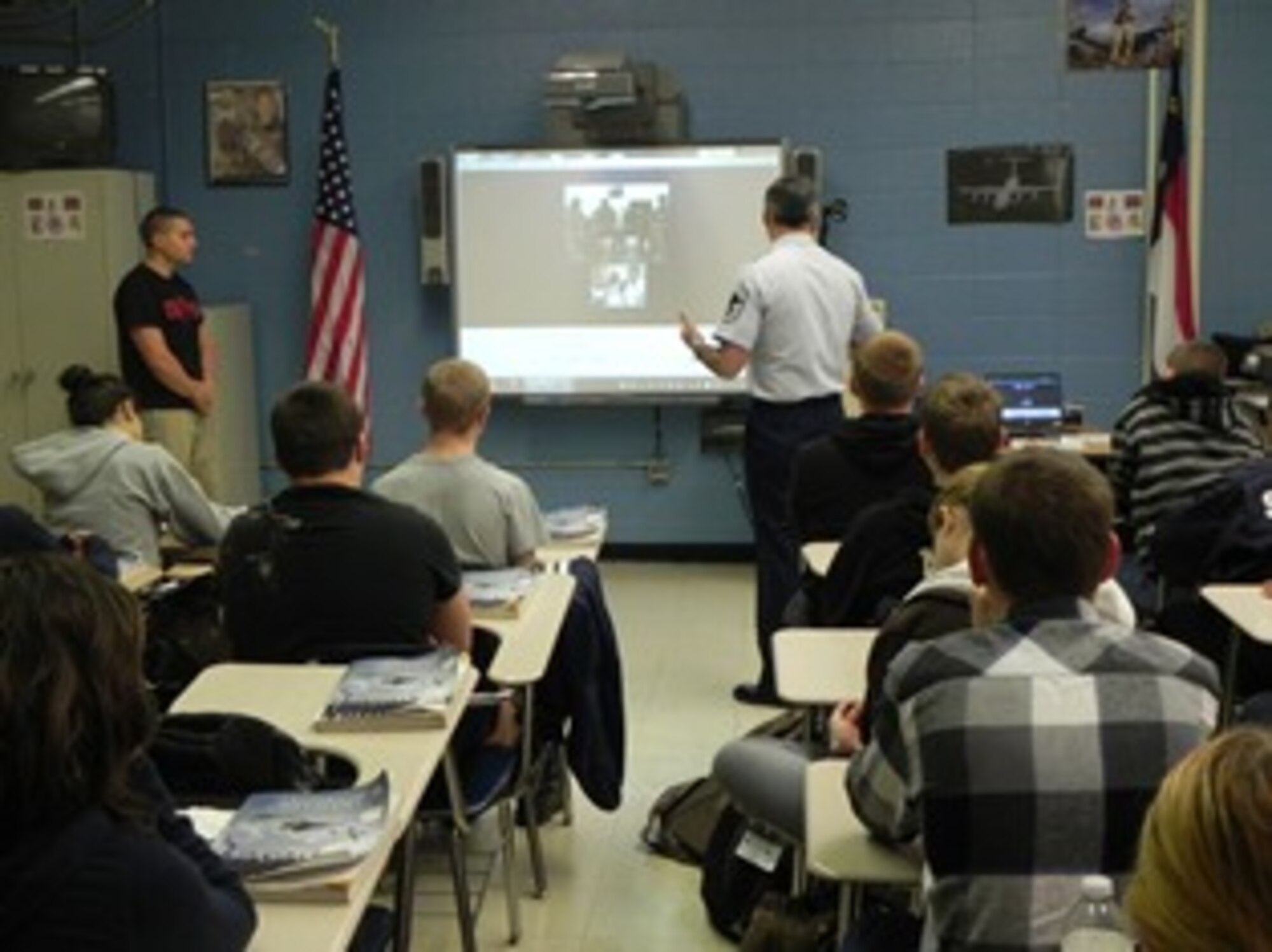 Air Force Junior Reserve Officer Training Corps NC-955 Cadet Airmen from Piedmont High School in Monroe, N.C., teleconference with members of the 816th Expeditionary Airlift Squadron deployed to Southwest Asia Feb. 25. Members deployed to Southwest Asia included C-17 pilot 1st Lt. Anne Marie Kemp, loadmaster Airman 1st Class Vincenzo Denisi and intelligence analyst Airman 1st Class Omari Briggs, deployed from 437th Airlift Wing, Charleston Air Force Base, S.C., and flying crew chief Tech. Sgt. Tara Jackson, deployed from the 62nd Aircraft Maintenance Squadron, Joint Base Lewis-McChord, Wash. The students talked with members about their lives in the Air Force, experiences while deployed and their individual careers. (Submitted Photo)