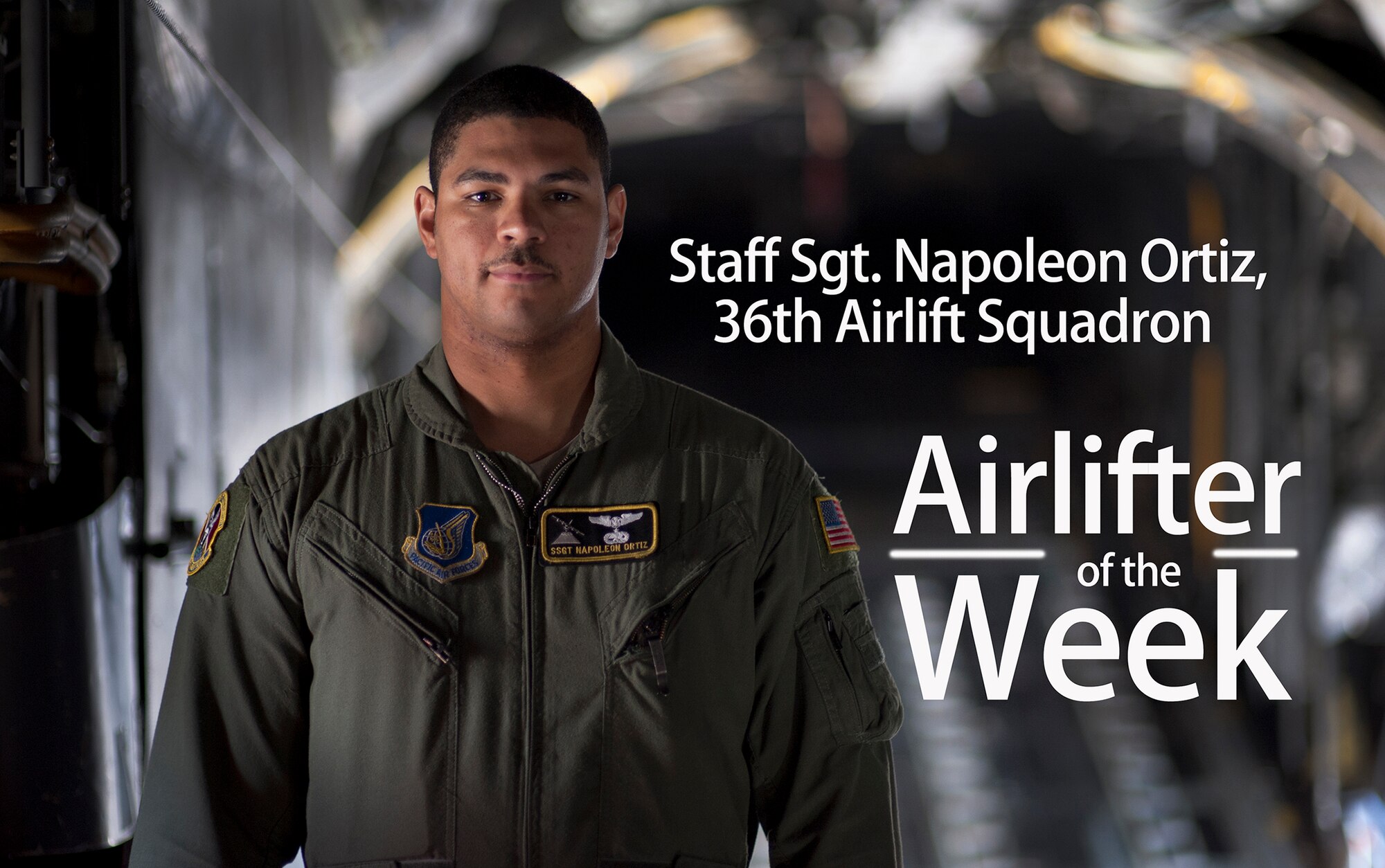 Staff Sgt. Napoleon Ortiz, 36th Airlift Squadron aircrew scheduler, manages daily scheduling for 75 enlisted aviators. Ortiz, a cross-trainee who has been operational for four months, has already flown 20 sorties for 28 flight hours, moving 35 passengers and 73,000 pounds of cargo. Ortiz’s squadron submitted him for Airlifter of the Week for his exemplary feats on a recent mission where he loaded and transported a fuel tanker truck in order to recover a stranded Navy EA-18G. (U.S. Air Force illustration by Senior Airman Cody H. Ramirez)

