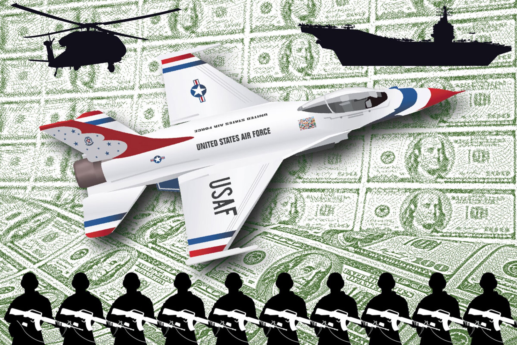In response to sequestration budget cuts, the Air Force will stand down the Thunderbirds aerial demonstration team, and the Navy will stand down the Blue Angels. The deployment of the Navy carrier USS Harry S. Truman to the gulf has been cancelled, leaving only one carrier in the region, when Central Command requested two. (U.S. Air Force illustration/David Bedard)