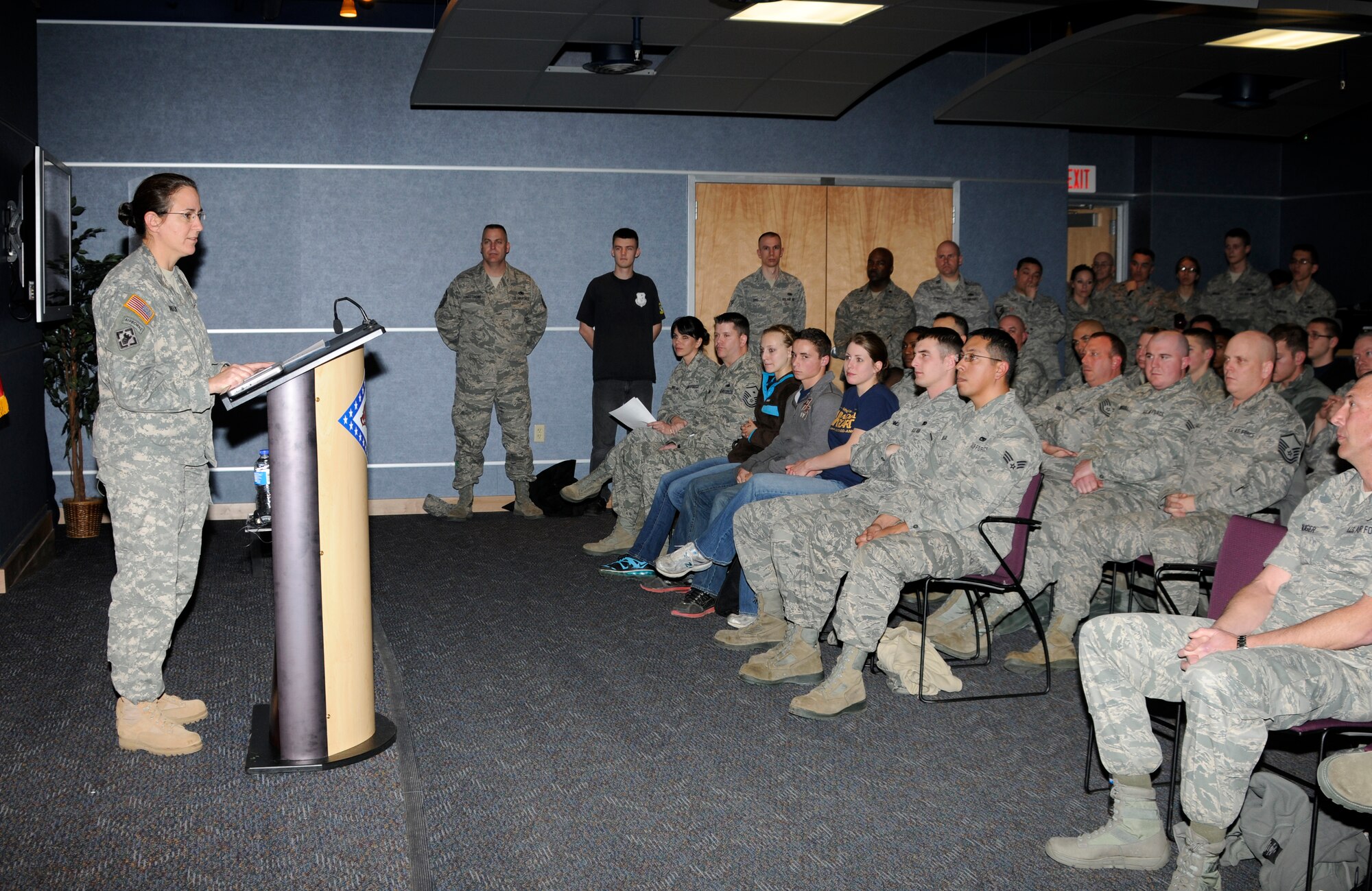 Brig. Gen. Patricia M. Anslow speaks at the 188th Fighter Wing during a Women's History Month program March 2, 2013. Anslow is the first female general officer in the Arkansas National Guard. (National Guard photo by 1st Lt. Holli Snyder/188th Fighter Wing Public Affairs)
