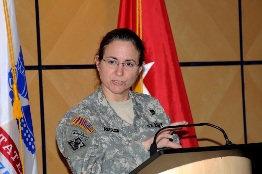 Brig. Gen. Patricia M. Anslow speaks at the 188th Fighter Wing during a Women's History Month program March 2, 2013. Anslow is the first female general officer in the Arkansas National Guard. (National Guard photo by 1st Lt. Holli Snyder/188th Fighter Wing Public Affairs)