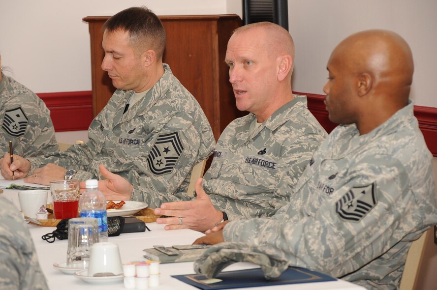 Chief Master Sgt. Brian Hornback, Command Chief of Air Force Global Strike Command, answers a question during a first sergeant breakfast at the Red River Dining Facility on Barksdale Air Force Base, La., March 5. Hornback visited various units around base to meet with Airmen and discuss current Air Force issues during his two-day tour. (U.S. Air Force photo/Senior Airman Sean Martin)