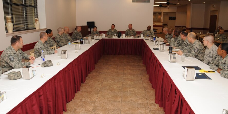 Chief Master Sgt. Brian Hornback, Command Chief of Air Force Global Strike Command, attends a first sergeant breakfast at the Red River Dining Facility on Barksdale Air Force Base, La., March 5. Hornback met with Airmen from the 2nd Bomb Wing to discuss any problems or concerns they had. (U.S. Air Force photo/Senior Airman Sean Martin)