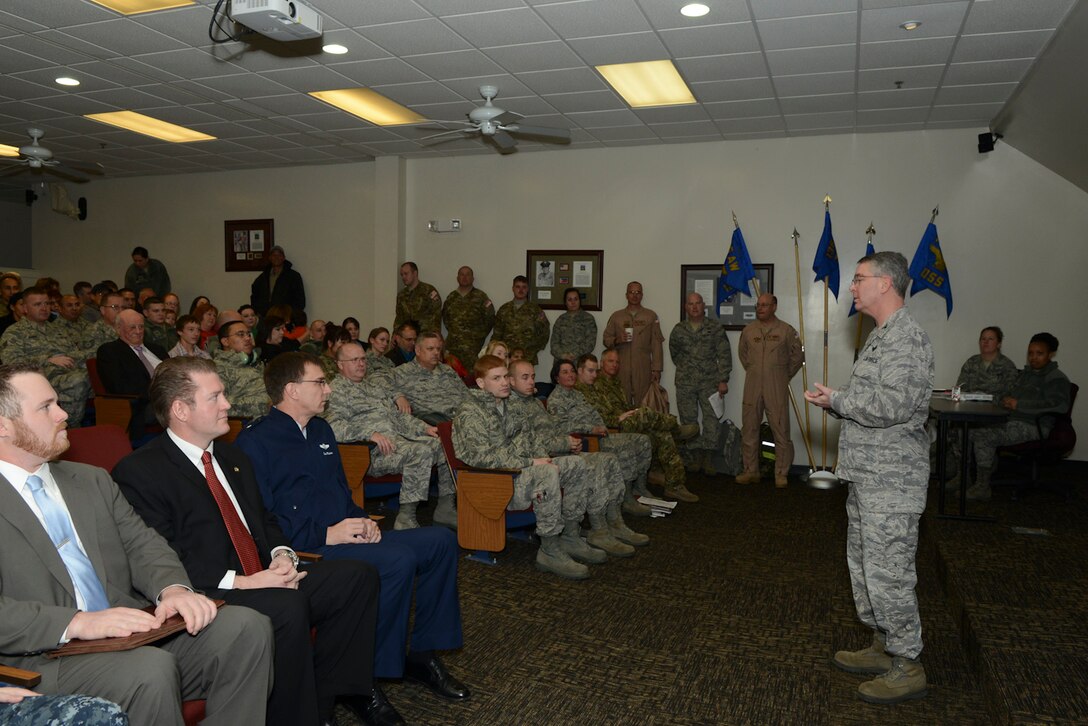 Col. John Conoley, commander, 136th Airlift Wing gives encouraging words to the deploying Airmen  at NAS Fort Worth JRB, Texas, Feb. 26, 2013. Representatives from State legislative offices and Brig. Gen. Kenneth Wisian, Texas Asssistant Adjutant Genenral, Air, were present to send off the Airmen who will support the Air Expeditionary Forces in Southwest Asia from 60 to 180 days. (National Guard photos by Senior Master Sgt. Elizabeth Gilbert)