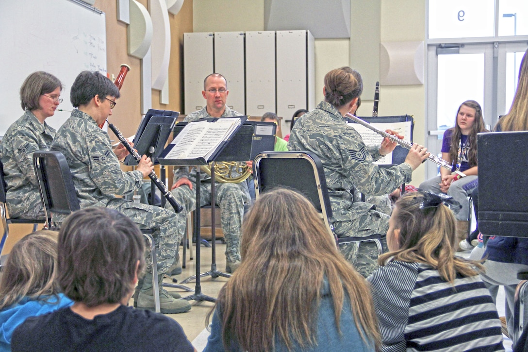 As part of the Music in Our Schools outreach, members of the Air Force Band of Mid-America's newest ensemble, "Freedom Winds", play for students at Mascoutah Middle School in Mascoutah, IL.

(U.S. Air Force photo by SrA Carmen Emborski)