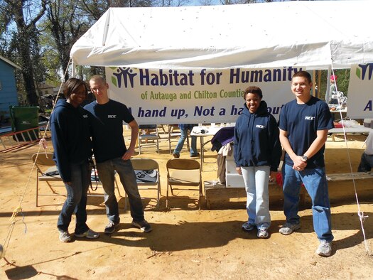 In February, Airmen Committed to Excellence, (ACE) teamed up with Habitat for Humanity for the group's second building project. This one was in Prattville, AL. Members assisted with insulation, installing windows and site cleanup. Volunteers were, from left;  Senior Airmen Shaiqua Rogers, 908th FSS, Jeremiah McGough, 25th APS, Airman 1st Class Corey Hall, 908th LRS and Airman Jasmine Z. Thomas, 908th FSS. (Photo courtesy of ACE)