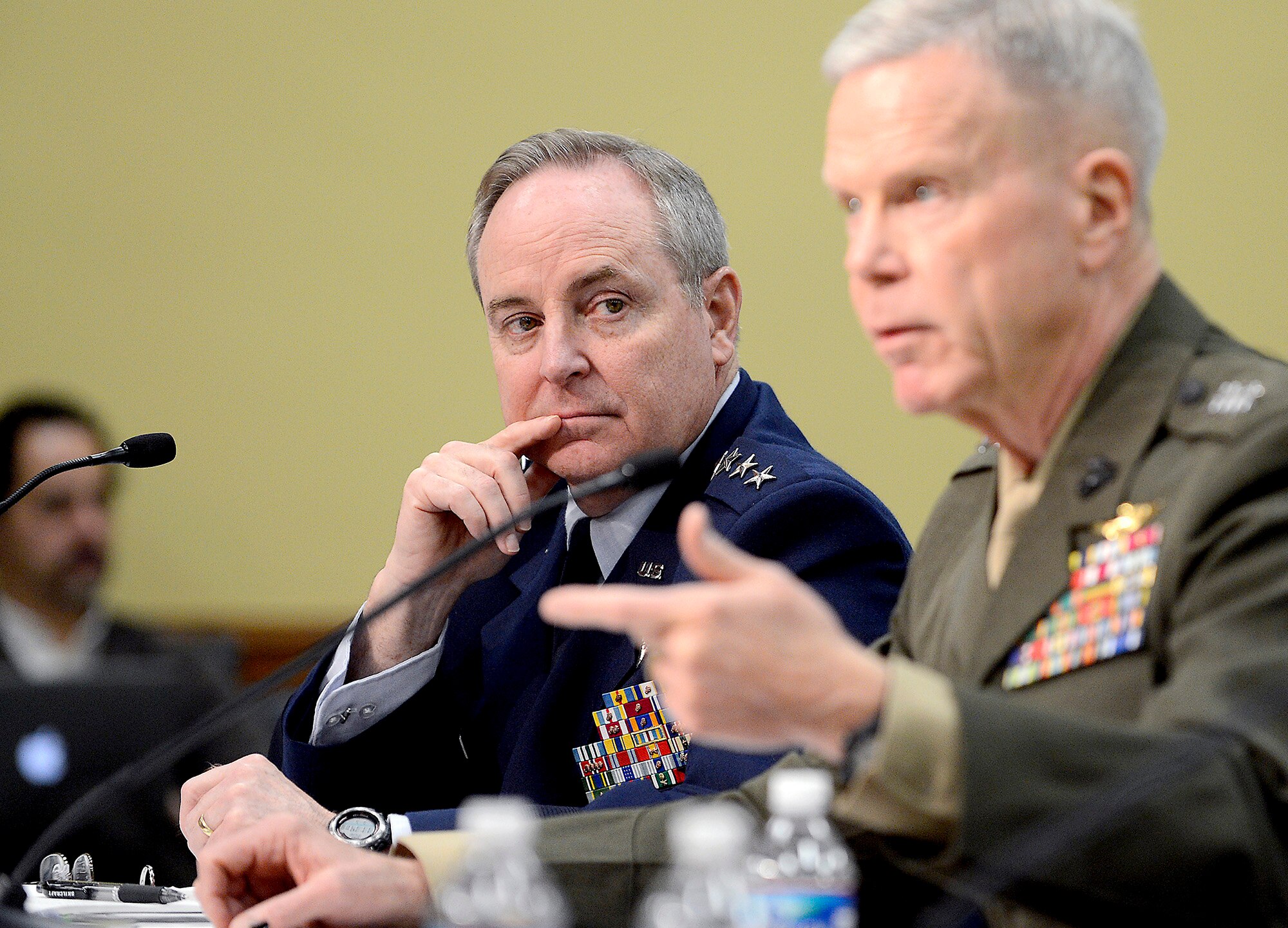 Air Force Chief of Staff Gen. Mark A. Welsh III listens to Commandant of the Marine Corps Gen. John Amos' testimony before the House Appropriations Committee's Military Construction and Veterans Affairs Subcommittee, March 5, 2013, in Washington, D.C.  (U.S. Air Force photo/Scott M. Ash)