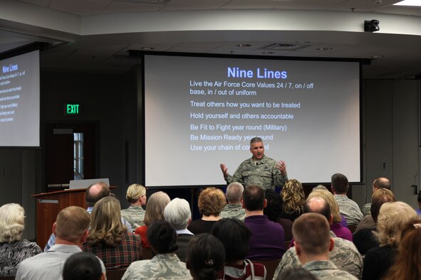 Brig. Gen. Jay Flournoy, commander of the Air Reserve Personnel Center, talks about his nine lines during commander's call here March 6. (U.S. Air Force photo/Tech. Sgt. Rob Hazelett) 
