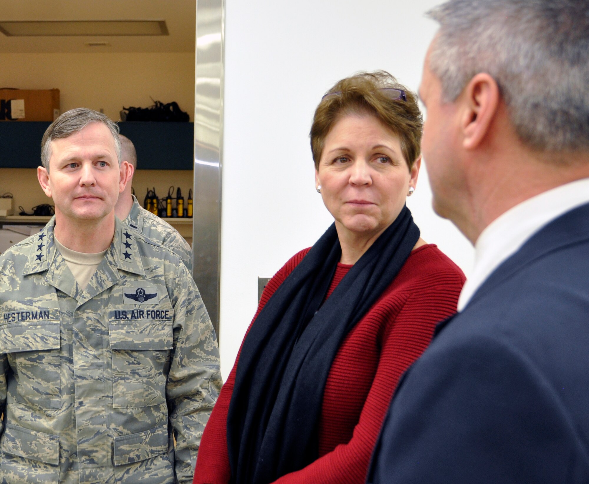 William Zwicharowski, the port mortuary chief at Air Force Mortuary Affairs Operations, describes the mission to Jessica Wright and Lt. Gen. John Hesterman. Wright, undersecretary of defense for personnel and readiness, learned about AFMAO operations during a tour March 5, 2013 at the Charles C. Carson Center for Mortuary Affairs at Dover Air Force Base, Del. AFMAO fulfills the nation's sacred commitment of providing dignity, honor and respect to the fallen and care, service and support to their families. (U.S. Air Force Photo/Tech. Sgt. Ali Rose)