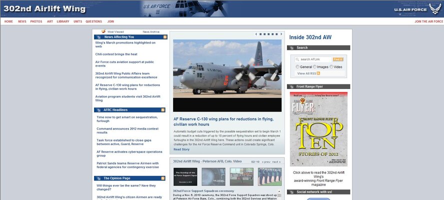 The 302nd Airlift Wing's public website, www.302aw.afrc.af.mil, won Best Public Website in the Air Force Reserve Command's 2012 Media Contest and two members of the 302nd AW's Public Affairs team also won individual awards in the 2012 contest. (U.S. Air Force graphic/Ann Skarban)