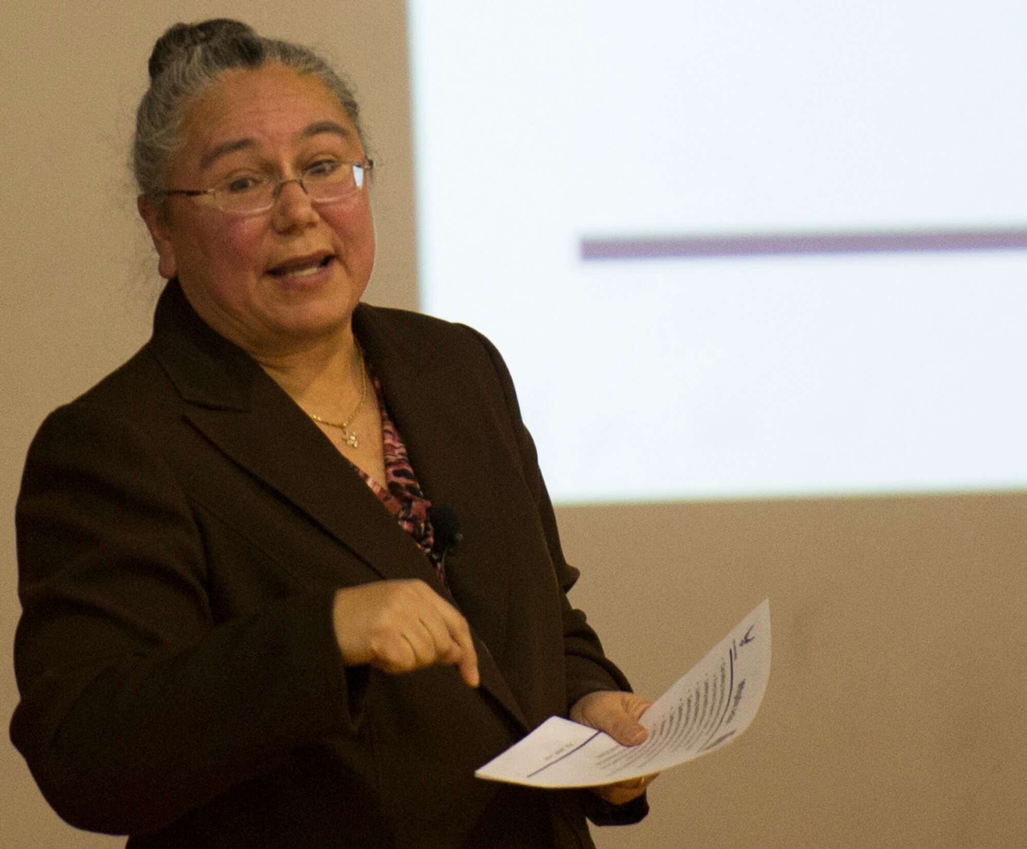 Air Force District of Washington Financial Management and Comptroller Director Maritza LoGrasso talks about the effects of the sequestration and furlough for AFDW personnel March 5, 2013 during a town hall meeting on Joint Base Andrews, Md. “Government purchases cannot be made unless it’s something you absolutely need this fiscal year,” LoGrasso said. (U.S. Air Force photo by 1st Lt. Ashleigh Peck)