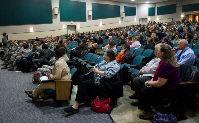 Air Force District of Washington Commander Maj. Gen. Sharon K.G. Dunbar holds a town hall meeting for civilian and military personnel to discuss the effects of the sequestration and furlough for the organization March 5, 2013 on Joint Base Andrews, Md. (U.S. Air Force photo by 1st Lt. Ashleigh Peck)