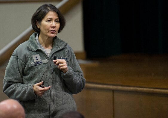 Air Force District of Washington Commander Maj. Gen. Sharon K.G. Dunbar holds a town hall meeting for civilian and military personnel to discuss effects of the sequestration and furlough for the organization March 5, 2013 on Joint Base Andrews, Md. (U.S. Air Force photo by 1st Lt. Ashleigh Peck)
