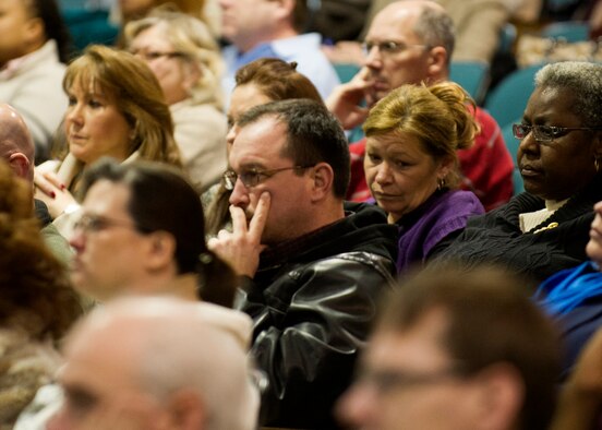 Air Force District of Washington civilian and military personnel learn about details regarding the sequestration and furlough during a town hall meeting at the base theater March 6, 2013 at Joint Base Andrews, Md. The meeting was hosted by AFDW Commander Maj. Gen. Sharon K.G. Dunbar to discuss effects of the sequestration and furlough. (U.S. Air Force photo by 1st Lt. Ashleigh Peck)
