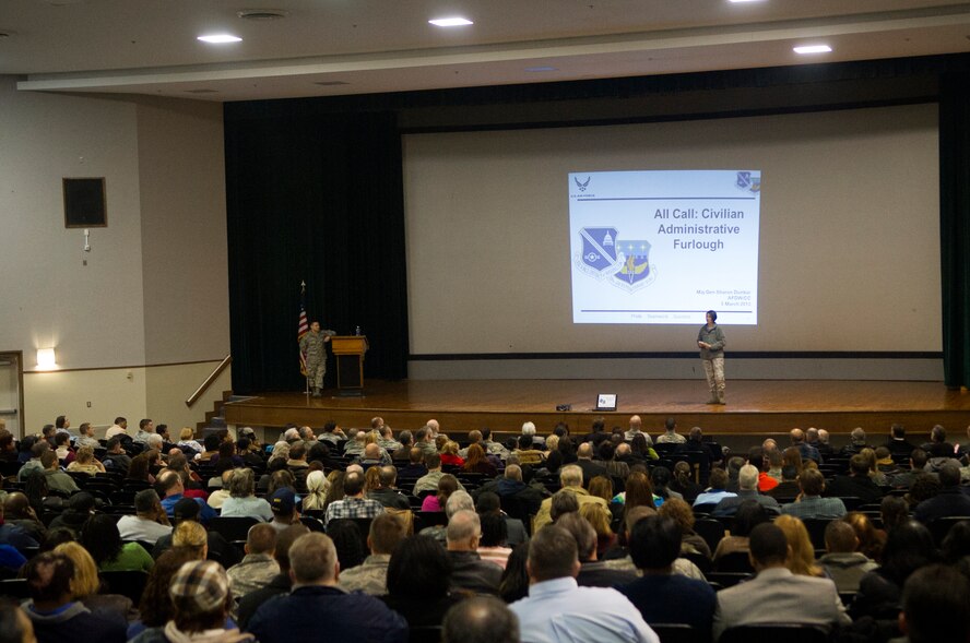 Air Force District of Washington Commander Maj. Gen. Sharon K.G. Dunbar holds a town hall meeting for civilian and military personnel to discuss effects of the sequestration and furlough for the organization March 5, 2013 on Joint Base Andrews, Md. (U.S. Air Force photo by 1st Lt. Ashleigh Peck)