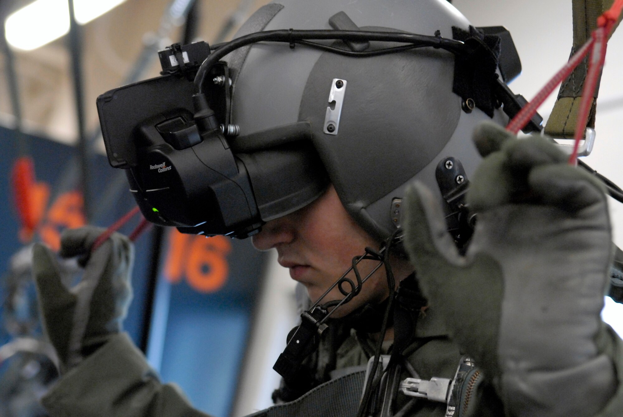 U.S. Air Force Airman 1st Class Alex Butler of the 169th Airlift Squadron navigates the virtual skies in a parachute simulator at the 182nd Airlift Wing, Peoria, Ill., on March 4, 2013.  The new state-of-the-art simulator has provided greatly enhanced life-saving training for wing’s C-130 Hercules aircrew. (U.S. Air Force photo by Staff Sgt. Lealan Buehrer/Released)