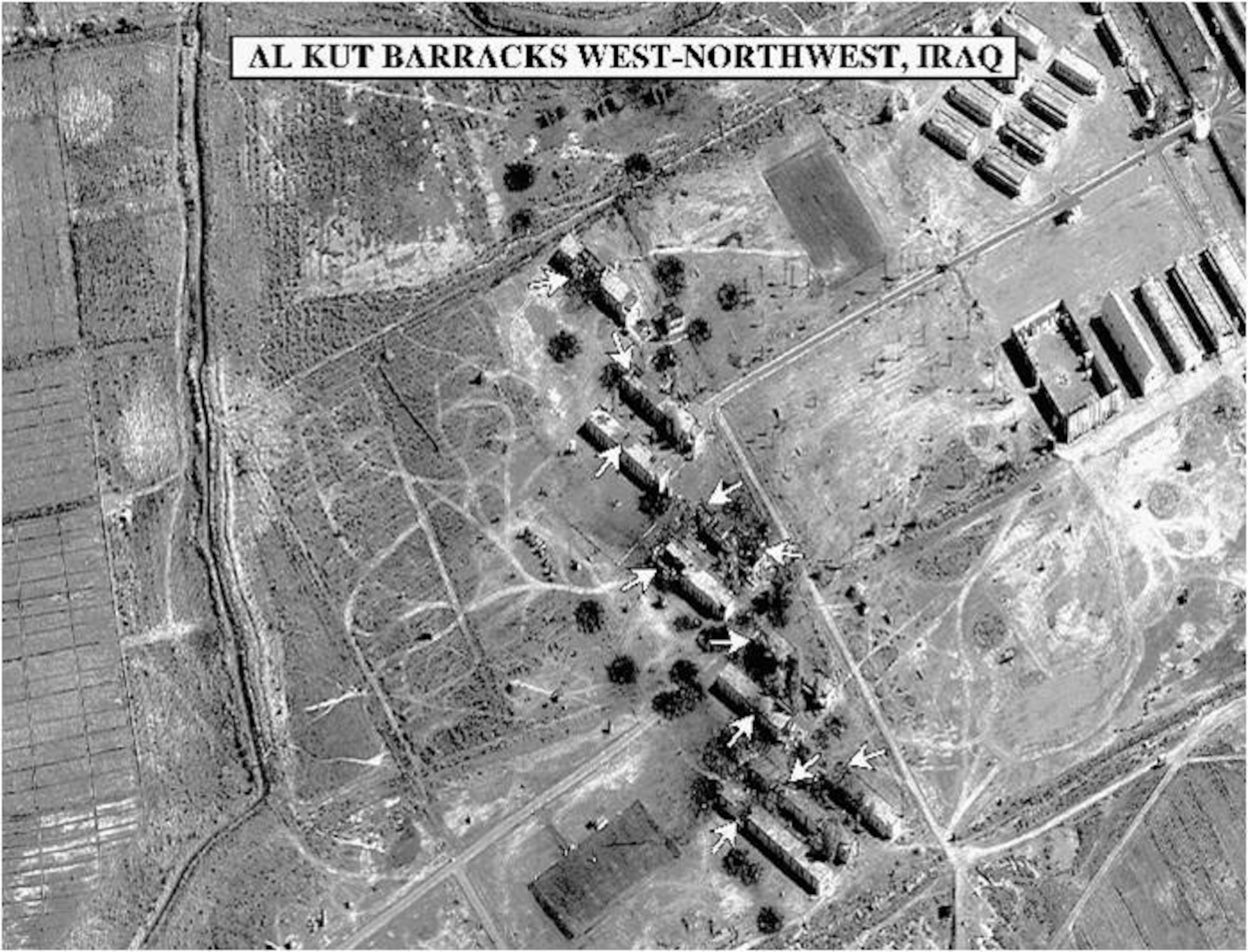 Battle damage assessment of the Al Kut Republican Guard barracks in western Iraq after the first B-1 bomber dropped munitions on it during Operation Desert Fox, December 1998. The four-night military offensive caused significant destruction to Iraqi military infrastructure. (U.S. Air Force courtesy photo/Released)