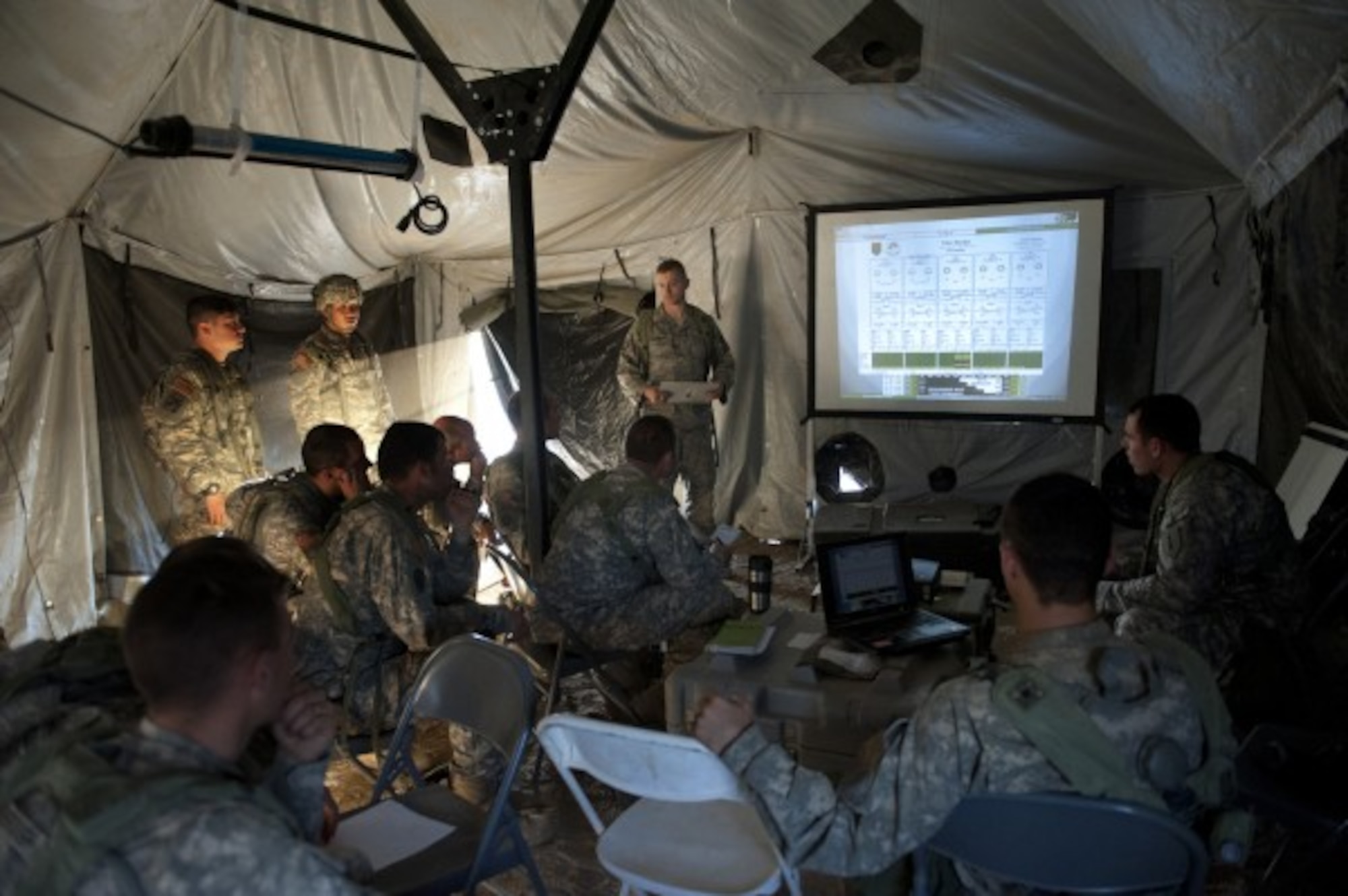 Bagram Air Base, Afghanistan -- Staff Sgt. Christopher Dearborn (back center) briefs Soldiers during training at Fort Irwin, Calif. Dearborn is a battlefield weather forecaster assigned to the 3rd Weather Squadron at Fort Riley, Kan. (U.S. Air Force photo/Val Gempis)