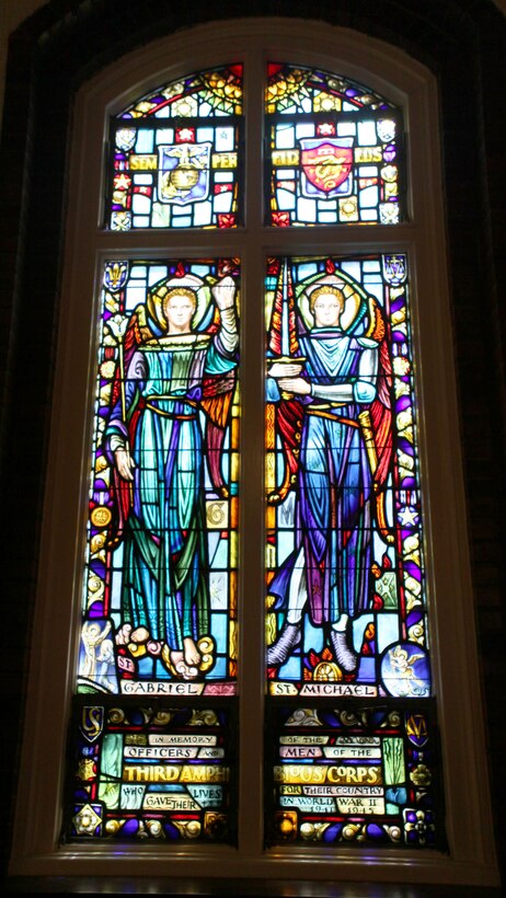 St. Joan of Arc, St. Gabriel and St. Michael along with a host of other saints adorn the windows of St. Francis Xavier Catholic Chapel aboard Marine Corps Base Camp Lejeune. The stained-glass windows were paid for with contributions of Marines world-wide and were given to the church in 1948. They are dedicated to Marines and sailors who served in various units throughout World War II. 
