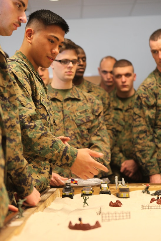 A Marine with 2nd Longshoreman Platoon discusses his role during port operations for African Lion 2013, an annual training exercise between US African Command and Morocco, while training at Stone Bay, a satellite installation of Marine Corps Base Camp Lejeune Feb. 8. While it may look like child’s play the sand box provided the Marines, soldiers and sailors present an opportunity to discuss their role while observing how it fit into the big picture. 