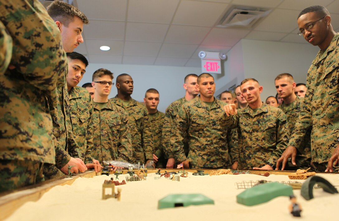 Marines with 2nd Longshoreman Platoon discuss port operations for African Lion 2013, an annual training exercise between US African Command and Morocco, while training at Stone Bay, a satellite installation of Marine Corps Base Camp Lejeune Feb. 8. While it may look like child’s play the sand box provided the Marines, soldiers and sailors present an opportunity to discuss their role while observing how it fit into the big picture. 