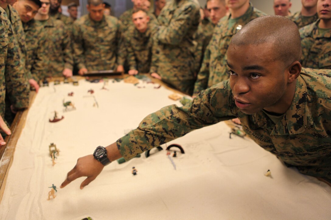 A Marine with 2nd Longshoreman Platoon discusses his role during port operations for African Lion 2013, an annual training exercise between US African Command and Morocco, while training at Stone Bay, a satellite installation of Marine Corps Base Camp Lejeune Feb. 8. While it may look like child’s play the sand box provided the Marines, soldiers and sailors present an opportunity to discuss their role while observing how it fit into the big picture. 