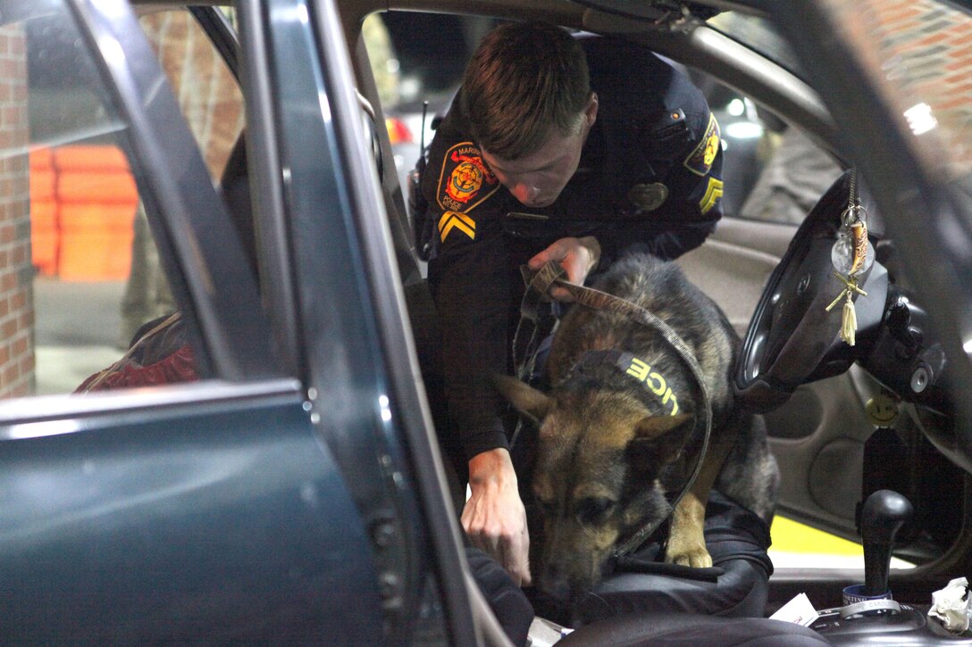 Marine Corps Base Camp Lejeune’s K-9s were on patrol on a recent Friday night searching vehicles for narcotics and explosives during base-wide random vehicle checks. It was a collaborative effort between Naval Criminal Investigative Services, the Provost Marshall’s Office, and 2nd Law Enforcement Battalion. 