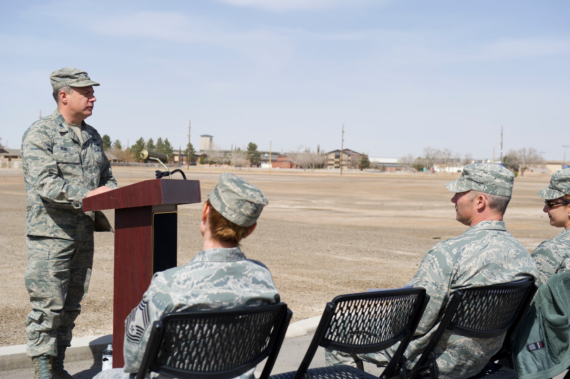 Colonel Kevin Bennet, 49th Mission Support Group commander, speaks at the new Child Development Center groundbreaking ceremony at Holloman Air Force Base, N.M., March 5. The $11 million project is a collaboration between the 49th MSG and the U.S. Army Corps of Engineers, and is scheduled to be completed by May 2014. The new CDC will have 15 classrooms to accommodate up to 200 children of Holloman AFB servicemembers from six weeks to five years of age. (U.S. Air Force Photo by Airman 1st Class Michael Shoemaker/Released)