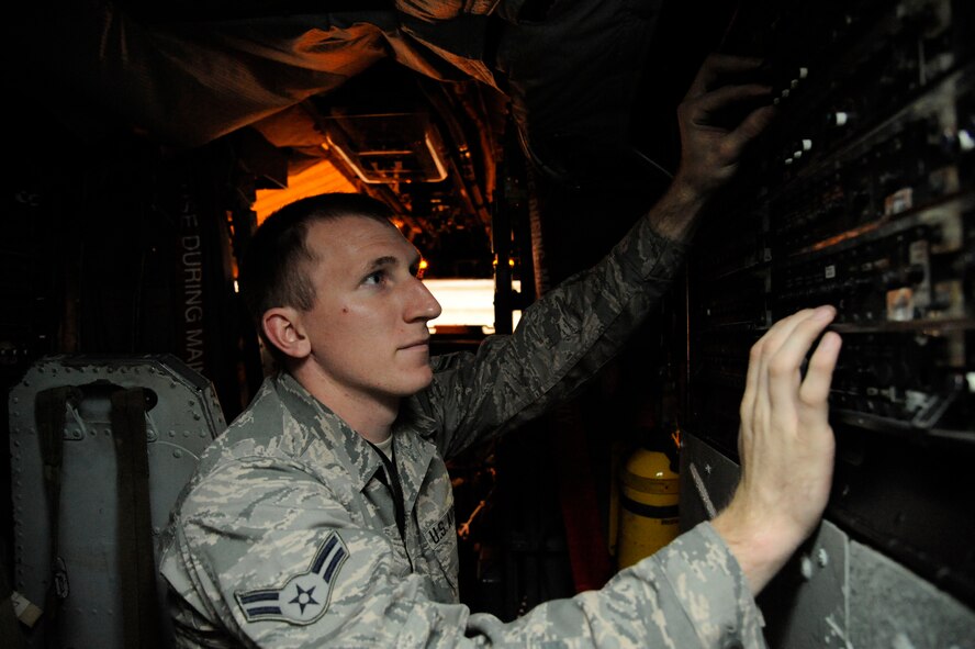 Airman 1st Class Sam Ritzman, 2nd Maintenance Squadron Avionics, checks circuit breakers during tests of a B-52H Stratofortress' electronic countermeasure systems on Barksdale Air Force Base, La., March 8. Avionics Airmen maintain the delicate systems such as radar, communication/navigation and flight controls. (U.S. Air Force photo/Airman 1st Class Andrew Moua)