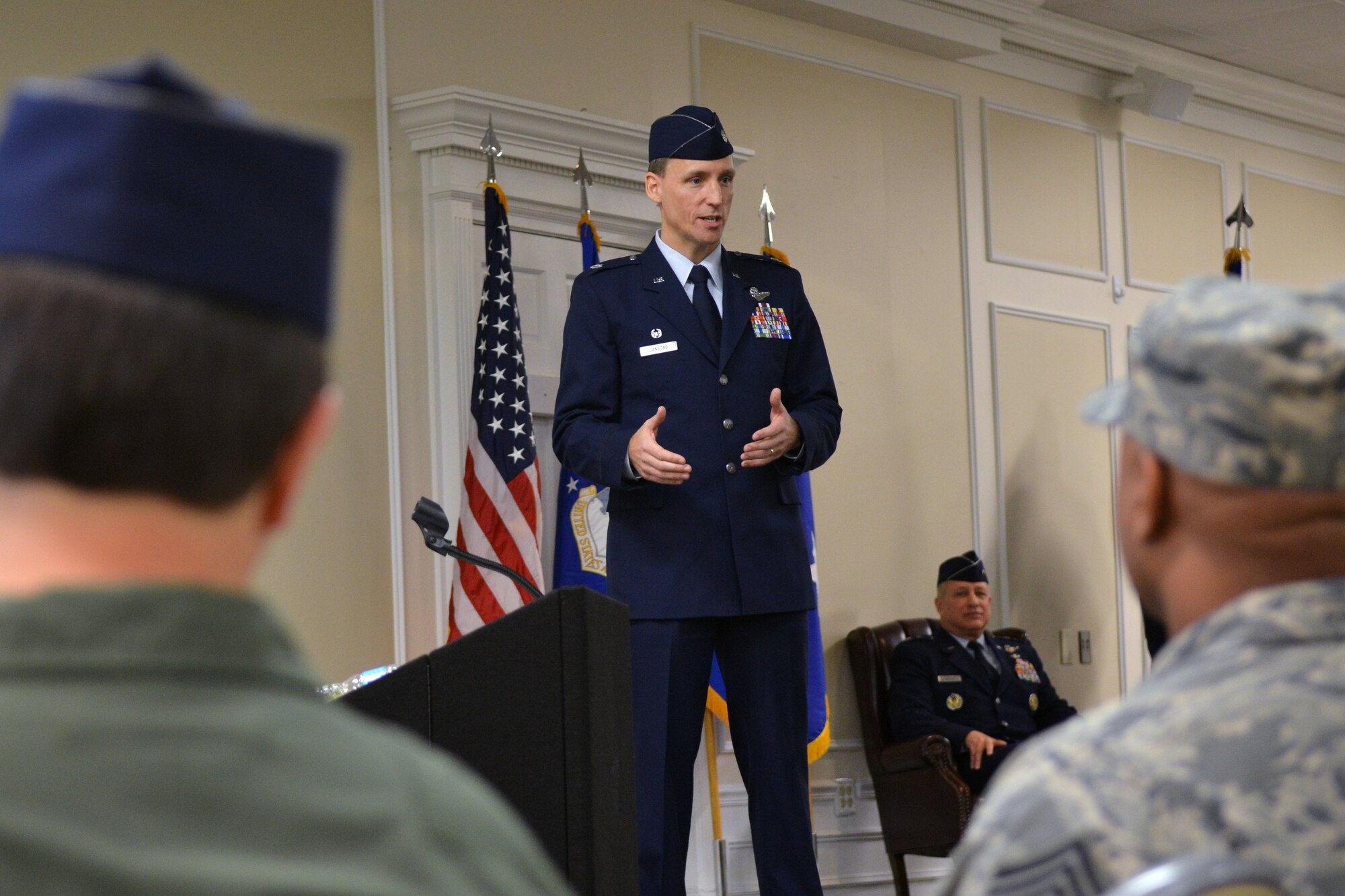 U.S. Air Force Lt. Col. Juris Jansons, new commander of the 495th Fighter Group, speaks to group Airmen and guests during the 495th Fighter Group activation ceremony, Shaw Air Force Base, S.C., March 8, 2013. Jansons has administrative control of more than 600 Airmen assigned to active associate units linked to Air Combat Command. The activation at Shaw marks a historical moment in the Air Force’s ongoing initiative to integrate active-duty Airmen, Air Reserve Component and Air National Guard units to streamline training, spending and resource use. These integrated units are called “active associate” units. The 495th Fighter Group will lead its active associate units into the future of Air Force pilot training. 
 (U.S. Air Force photo by Airman 1st Class Ashley L. Gardner/Released)
