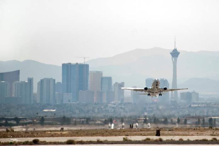 A Royal Australian Air Force E-7A  Airborne Early Warning and Control aircraft departs Nellis Air Force Base, Nev., enroute to the Nevada Test and Training Range March 5, 2013.  Red Flag 13-3 is mock battle training in the skies over the NTTR, the exercise yields results to increase the combat capability of U.S. and allied air forces for future combat situation. (U.S. Air Force photo by Lawrence Crespo)